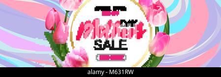 Modello di progettazione vendita banner per felice festa della mamma. Poster orizzontale speciale per la festa della mamma vendita con beckground in marmo e decorazioni floreali. Vettore. Illustrazione Vettoriale