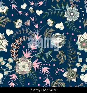 Moda seamless texture con fiori di fantasia. Vettore di disegno a mano seamless pattern. Rosa Grigio motivo floreale su sfondo blu. Illustrazione Vettoriale