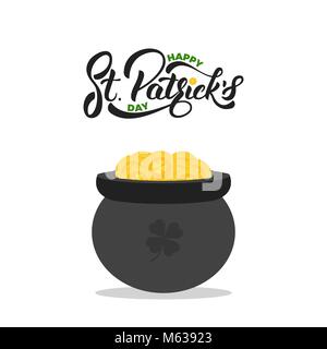 San Patrizio. Lettering San Patrizio e la pentola di monete d'oro. San Patrizio Giorno della carta Illustrazione Vettoriale