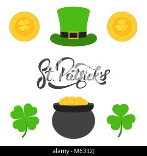 San Patrizio. Lettering, monete d'oro, trifogli e cappello a cilindro. Corredo di elementi per Patrick's Day Illustrazione Vettoriale
