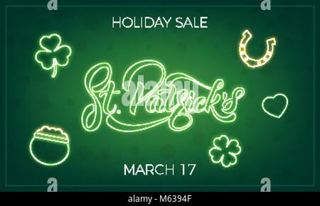 San Patrizio. Banner il layout di progettazione con neon San Patrizio scritte e incandescente icone al neon. Patrick giorno vendita Illustrazione Vettoriale