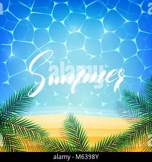 Summer Beach. Vista superiore della spiaggia tropicale con sabbia e palme. Illustrazione con scritte a mano estate Illustrazione Vettoriale