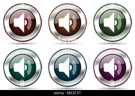 Vettore di volume icon set. Argento metallizzato bordo cromato icone per il web design e le applicazioni dello smartphone Illustrazione Vettoriale
