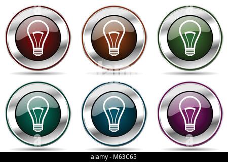 Vettore della lampadina icon set. Argento metallizzato bordo cromato icone per il web design e le applicazioni dello smartphone Illustrazione Vettoriale