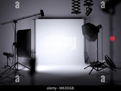 Un vuoto che la foto di sfondo per studio di fotografia con apparecchi di illuminazione, 3D illustrazione Foto Stock
