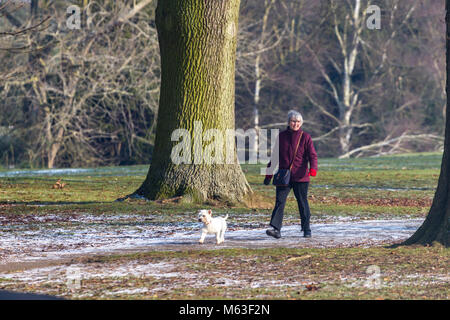 Northampton, Inghilterra. 28 Feb, 2108. Regno Unito: Meteo Temperature a -2 questa mattina con una leggera spolverata di neve per la gente a piedi i loro cani in Abington parco avvolto fino contro la terribilmente freddo brezza. Credito: Keith J Smith./Alamy Live News Foto Stock