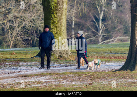 Northampton, Inghilterra. 28 Feb, 2108. Regno Unito: Meteo Temperature a -2 questa mattina con una leggera spolverata di neve per la gente a piedi i loro cani in Abington parco avvolto fino contro la terribilmente freddo brezza. Credito: Keith J Smith./Alamy Live News Foto Stock