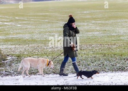 Northampton, Inghilterra. 28 Feb, 2108. Regno Unito: Meteo Temperature a -2 questa mattina con una leggera spolverata di neve per la gente a piedi i loro cani in Abington parco avvolto fino contro la terribilmente freddo brezza. Credito: Keith J Smith./Alamy Live News Foto Stock