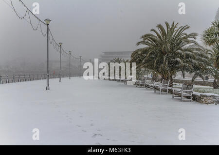 Torquay, Regno Unito. 28 Feb, 2018. Regno Unito: Meteo Bestia da est raggiunge un lungomare deserta di neve coperto di palme sulla costa sud a Torquay, Torbay, Devon, Regno Unito. Credito: JHNews / Alamy Live News Foto Stock