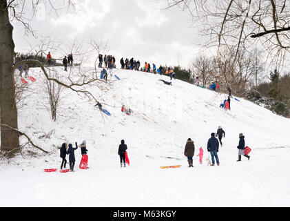 Washington, Regno Unito. Il 28 febbraio 2018. Regno Unito: meteo neve pesante cade hanno portato alla chiusura di scuole e bambini hanno potuto godere di slittino Worm down hill. Washington, Tyne and Wear. Inghilterra, (c) Washington Imaging/Alamy Live News Foto Stock