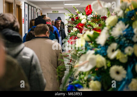 Gijon, Spagna. Il 28 febbraio 2018. Le esequie di ex calciatore Enrique Castro Quini in Gijon Spagna Mercoledì, 28 febbraio, 2018. Credito: Gtres Información más Comuniación on line, S.L./Alamy Live News Foto Stock