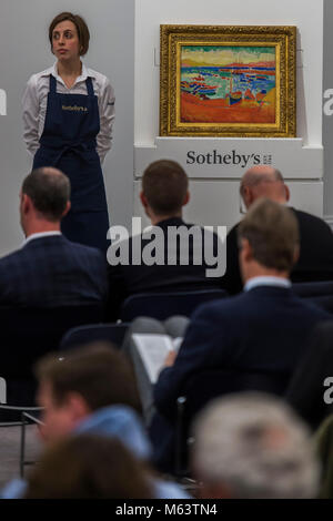 Londra, Regno Unito. 28 Feb, 2018. ANDRÉ DERAIN, BATEAUX À COLLIOURE, che ha venduto per £ 9,7m pre premi - banditore Helena Newman affronta il impressionisti e moderni vendita di sera da Sotheby's New Bond Street, Londra. Credito: Guy Bell/Alamy Live News Foto Stock