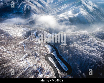 Strada tortuosa dalla high mountain pass in Transilvania, Romania d'inverno. Grande viaggio su strada attraverso il fitto bosco. Vista aerea. Foto Stock