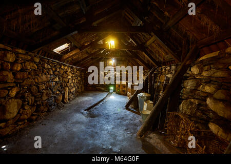 Quarti di animale in originale interno della Blackhouse, 24 Arnol, Bragar, isola di Lewis, Scozia. Foto Stock