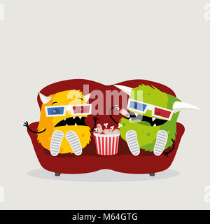 Due mostri divertente guardare scary horror movie indossando occhiali 3d, seduto sul divano rosso e mangiare spuntini. Cartoon carino illustrazione Foto Stock