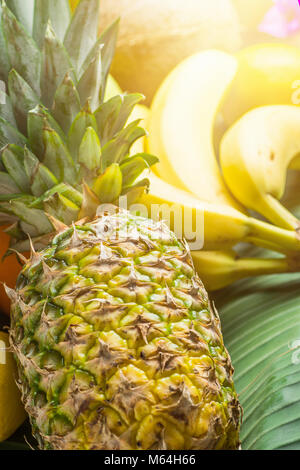 Varietà di differenti e tropicali Frutta estiva. Ananas Manghi Agrumi Noce di Cocco Arance Limoni Mele Kiwi banane sul su grandi foglie di palma nel sole luminoso Foto Stock