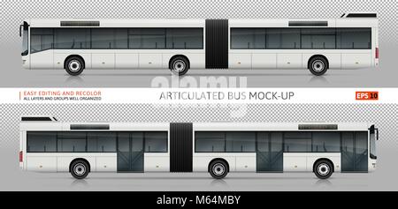 Vettore di Bus mock-up. Modello di isolato di realistico il trasporto urbano su sfondo trasparente, vista laterale. Branding del veicolo mockup. Illustrazione Vettoriale