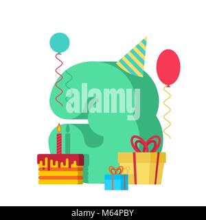 3 anno Buon Compleanno biglietto di auguri. Terzo anniversario modello. Numero tre e la festa di pezzo di torta con la candela. Palloncino e confezione regalo. Illustrazione Vettoriale
