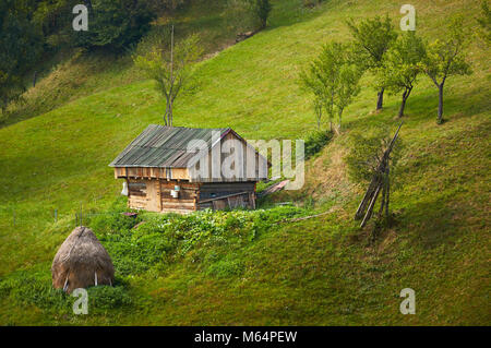 Vecchio rustico fienile in legno sul prato verde in Rucar-Bran pass, Brasov county, Transilvania regione, Romania. Primavera uno scenario paesaggistico. Foto Stock