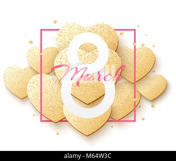 Biglietto di auguri per il 8 marzo. International felice giornata della donna. Cuori di oro con glitter. Banner di lusso. Sfondo per il 8 marzo. Illustrazione Vettoriale. E Illustrazione Vettoriale