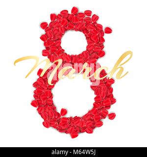 Biglietto di auguri per il 8 marzo su sfondo bianco. lussuoso brochure per Felice Womens giorno. La figura 8 di petali di rosa. Oro. Oro testo calligrafico. Vettore Illustrazione Vettoriale