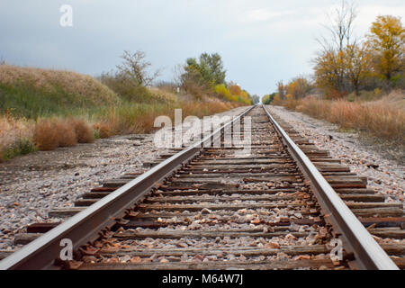 Binari del treno in Rural Iowa in un cupo giorno per incontrare l'orizzonte Foto Stock