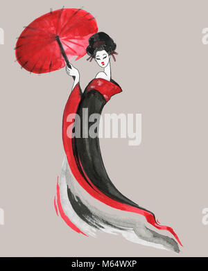 La Geisha. Stile cinese. Acquarello dipinto a mano illustrazione Foto Stock