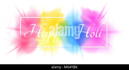 Esplosione di colori. Spray multicolore. Banner bianco telaio con testo bianco per Felice Holi. Vacanza di colori. Nebbia colorata polvere. Illustrazione Vettoriale Illustrazione Vettoriale