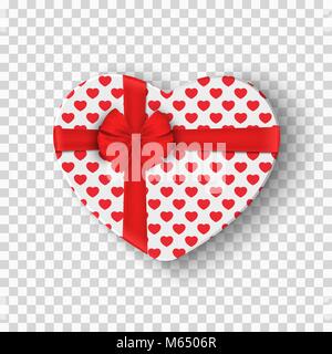 Scatola regalo bianca per il giorno di San Valentino. Scatola cuore con un modello di colore rosso e un arco di nastro. Isolato su uno sfondo trasparente. L'elemento grafico per il vostro de Illustrazione Vettoriale