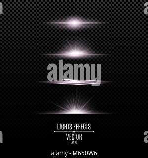 Luci brillanti effetti isolati su uno sfondo trasparente. Lampi luminosi e i riflessi di colore bianco. I raggi luminosi di luce. Linee incandescente. Vector illus Illustrazione Vettoriale