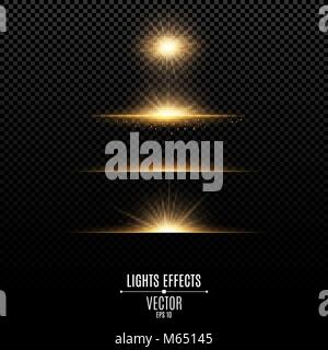 Golden effetti luci isolate su uno sfondo trasparente. Lampi luminosi e i riflessi di colore oro. I raggi luminosi di luce. Linee incandescente. Vector illust Illustrazione Vettoriale