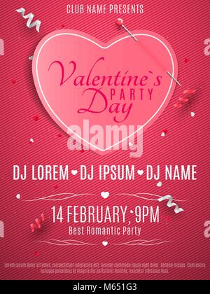 Il giorno di San Valentino festa flyer. Nota di rosa con il pin. Carta per striscioni continui hp banner paper cuore. Composizione romantica con coriandoli. Luce luccica. Poster per il giorno di San Valentino. Inv Illustrazione Vettoriale