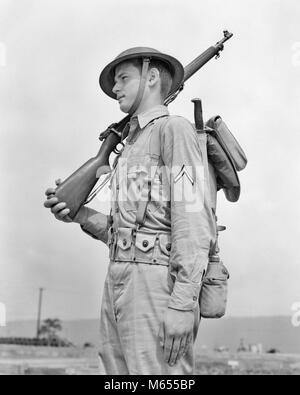 1940s soldato americano fucile sulla spalla indossando il casco kaki uniforme con privato di prima classe striscia sul manicotto - un2360 HAR001 HARS NOSTALGIA MENSA manicotto 20-25 anni storico avventura privato protezione attenzione emozione nessuno guerre mondiali 18-19 anni la seconda guerra mondiale la seconda guerra mondiale II GUERRA MONDIALE DIVISE FUCILI GUERRA MONDIALE 2 INGRANAGGIO WEB ARMA ARMI DA FUOCO KAKI MASCHI GIOVANI ADULT MAN B&W CON ATTACCO A BAIONETTA IN BIANCO E NERO bolt action etnia caucasica dovere di prima classe a Guardia Vecchia persone PRIVATO DI PRIMA CLASSE SPALLA DESTRA ARMI FUCILE SPRINGFIELD CINTURA DI SICUREZZA Foto Stock