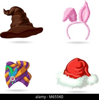 Set di bright magic caps. Strega Hat per Halloween. Maschera di pasqua con orecchie di coniglio. Luminose turbante orientale. Babbo Natale Natale hat. Progettazione di tappi di vacanza icone. Illustrazione Vettoriale
