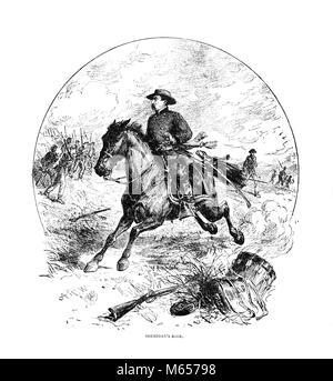 1860s GUERRA CIVILE AMERICANA UNIONE GENERALE PHILIP SHERIDAN sul suo cavallo RIENZI battaglia di Cedar Creek Winchester Virginia STATI UNITI D'AMERICA - h9857 HAR001 HARS UNIONE EMOZIONE LA LEADERSHIP DI UNIFORMI PER UNA PERSONA CON ALTRI 1860 maschi mammifero GUERRA CIVILE AMERICANA B&W battaglie in bianco e nero di Cedar Creek guerra civile dei conflitti GENERALE SHERIDAN in vecchio stile persone PHIL SHERIDAN PHILIP RIENZI SHENANDOAH VALLEY SHERIDAN SHERIDAN'S RIDE VIGNETTE Foto Stock