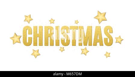 Testo di Natale da golden luccica su uno sfondo bianco. Le particelle di oro e di stelle. Sfondo per l'intestazione. Illustrazione Vettoriale Illustrazione Vettoriale