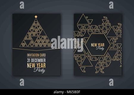 Elegante carta di invito per la festa di Capodanno. Mosaico pattern fatta di triangoli aurei su uno sfondo nero. Albero di Natale fatto di mosaico. Geometriche Illustrazione Vettoriale