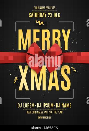 Invito. Merry Xmas. Nastro rosso su sfondo nero. I nomi del DJ e club. Testo di oro su sfondo scuro. Polvere d oro e nastri. Vettore Illustrazione Vettoriale
