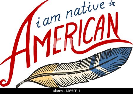 Native American flag. vecchie etichette o badge. incisi disegnati a mano nel vecchio sketch. Illustrazione Vettoriale