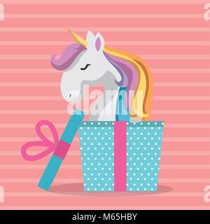 Carino unicorn con dono kawaii carattere biglietto di auguri di compleanno Illustrazione Vettoriale