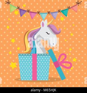 Carino unicorn con dono kawaii carattere biglietto di auguri di compleanno Illustrazione Vettoriale