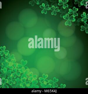 Happy Saint Patricks giorno abstract verde sfondo irlandese con luci sbokeh e incandescente trifogli, parte della decorazione. Moderno vettore illustrazione, web b Illustrazione Vettoriale