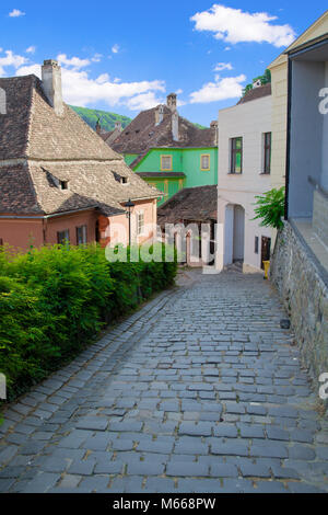 Strette strade medievali in Sighisoara, Romania, Europa Foto Stock