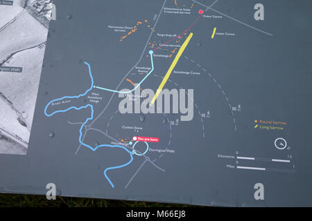 Informazioni mappa che mostra principali siti archeologici in Stonehenge area preistorica, Amesbury, Wiltshire, Inghilterra, Regno Unito Foto Stock