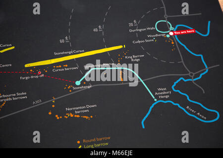 Informazioni mappa che mostra principali siti archeologici in Stonehenge area preistorica, Amesbury, Wiltshire, Inghilterra, Regno Unito Foto Stock