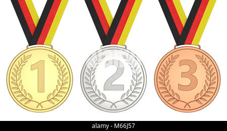 Oro, Argento, medaglia di bronzo isolati su sfondo bianco del rendering 3D Foto Stock