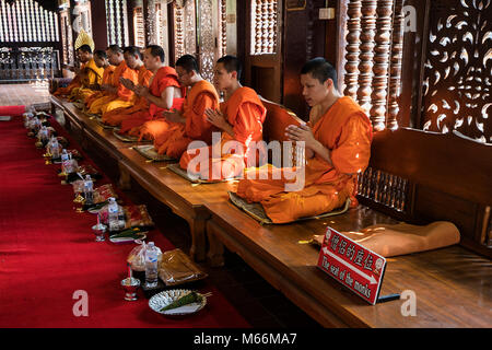 Il canto dei monaci tailandesi a Wat Lok Moli - tradizionalmente molti giovani ragazzi thailandesi sarebbe diventato il debuttante monaci come un modo per loro di ricevere un educazione, especial Foto Stock