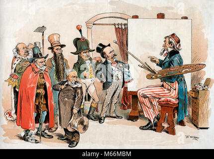 1896 CARTOON DAL PUCK DA F. OPPER lo zio Sam come pittore selezionando il modello di candidati presidenziali McKINLEY - kh13263 CPC001 HARS William Mckinley Foto Stock