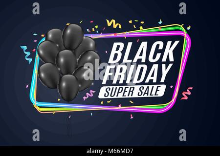 Neon multicolore banner per venerdì nero vendita. Mazzetto di nero lucido realistico palloncini. Colore cornice su uno sfondo blu scuro. Festive coriandoli e r Illustrazione Vettoriale
