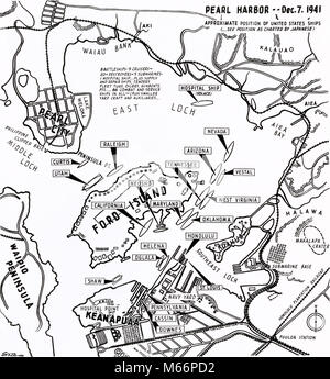 1940s 7 DICEMBRE 1941 Mappa con posizioni di US Navy navi come inserite dal giapponese PRIMA DELL'ATTACCO A PEARL HARBOR HAWAII - Q74705 CPC001 HARS ATTACCO TRASPORTO HAWAIANO NOSTALGIA NORD AMERICA porto storico NORTH AMERICAN armati isole occupazione conoscenza nessuno guerre mondiali la prima guerra mondiale la seconda guerra mondiale II GUERRA MONDIALE DICEMBRE HI concettuale vita ancora 7 MOBILITY WORLD WAR 2 forza armata posizioni contrastanti 1944 B&W combattendo in bianco e nero inserito 7 DICEMBRE 1944 isole hawaiane infamia in vecchio stile PACIFIC ISLAND PRIMA Foto Stock